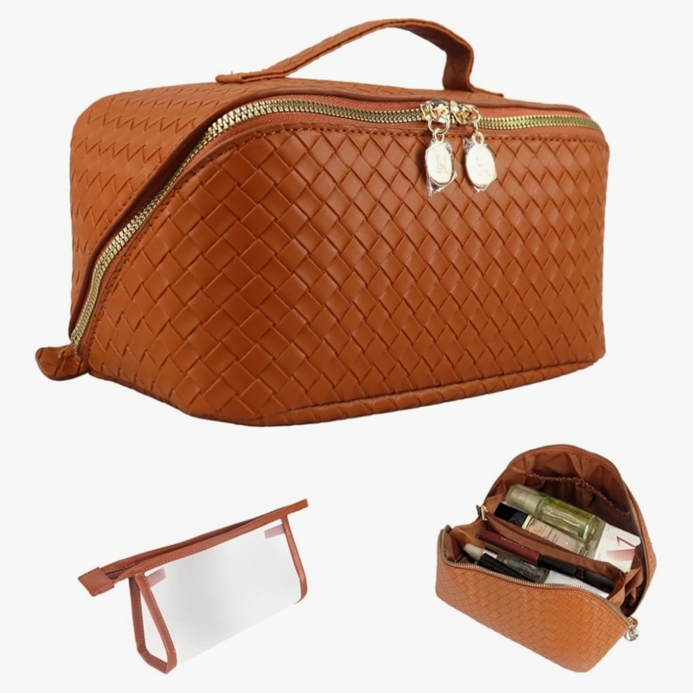 Elegant Brown Woven Cosmetic Bag Organizer With Clear Inside Tote And Divider
